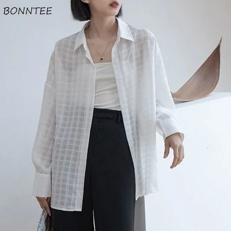 

Рубашка женская прозрачная в клетку Ulzzang, Элегантная модная офисная блуза свободного покроя в стиле Харадзюку, Солнцезащитная Повседневная...