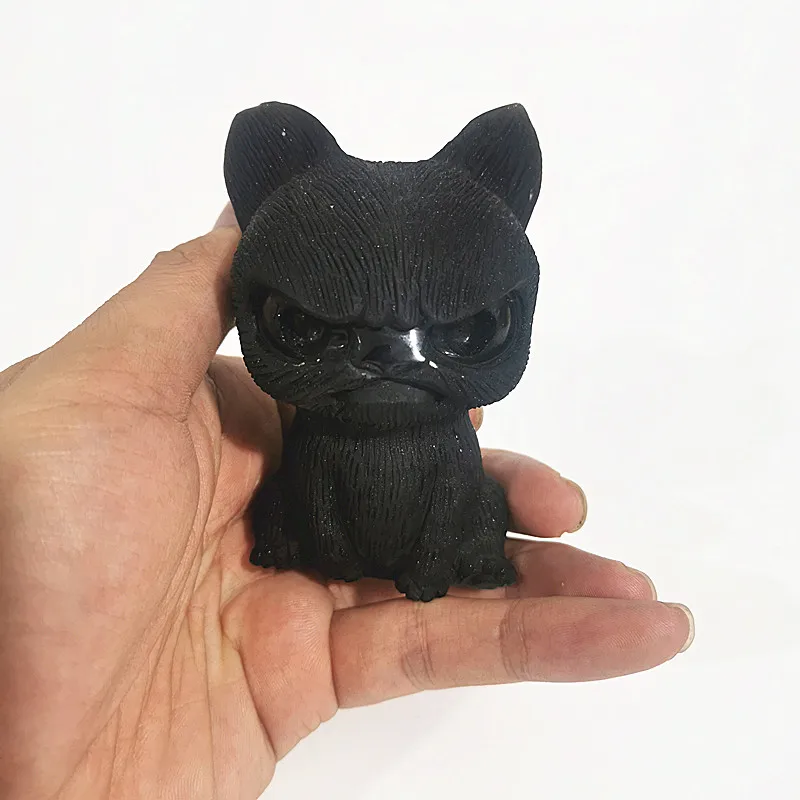 Высококачественная натуральная фигурка Angry dog ремесло резной черный обсидиан