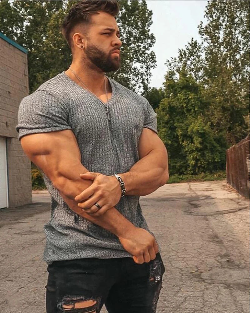 

Summer Knitted Gym Clothing Men V Neck Short Sleeve t Shirt Fitness Slim Fit Sports Strips T-Shirt Male Solid Fashion Tees Tops