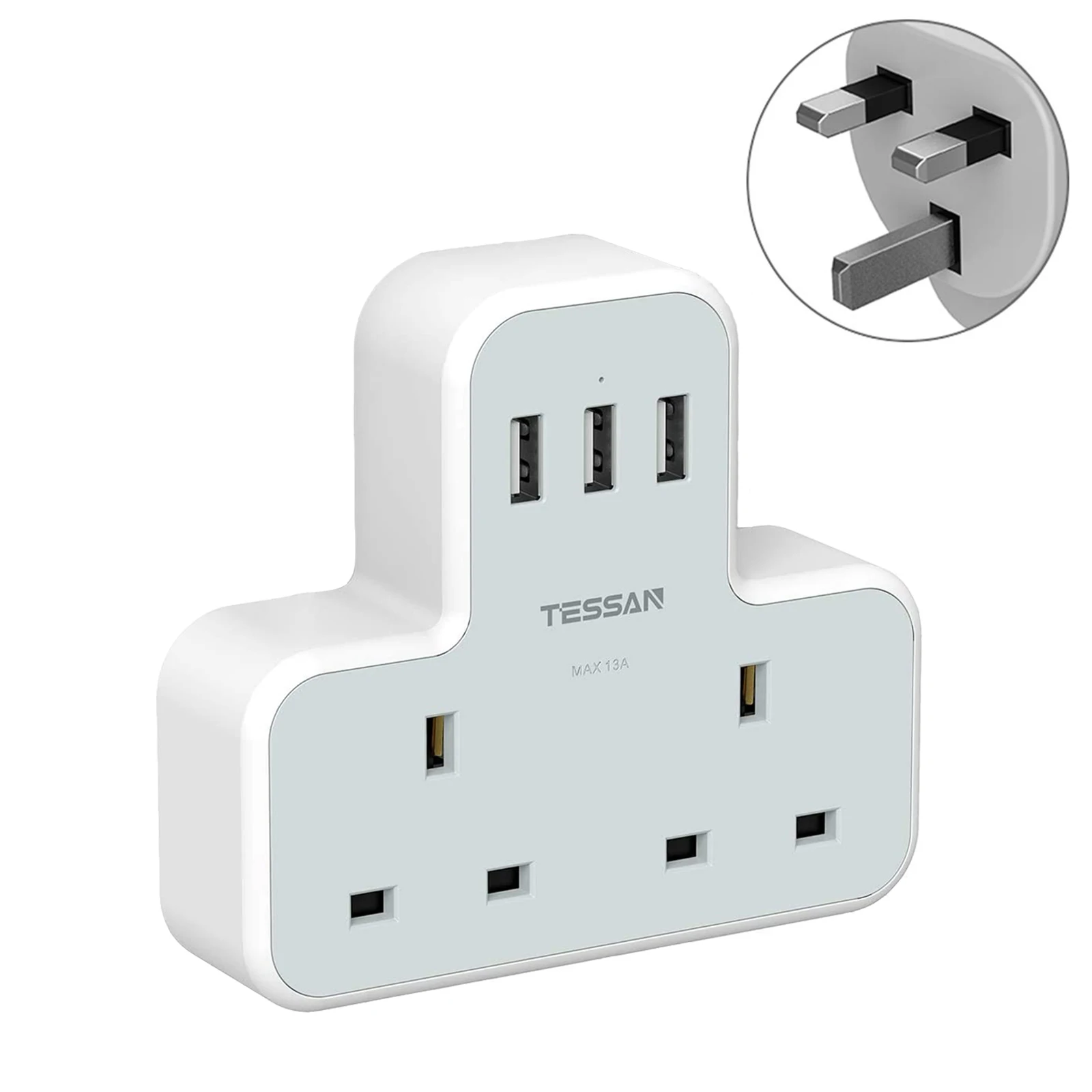 

TESSAN Electrical Plug Extender USB Adapter with 2 AC Outlets and 3 USB Ports (2.4A), 13A UK 3 Pin Power Socket Charger for Home