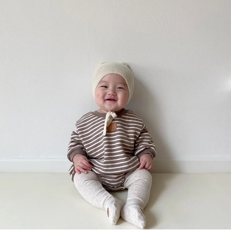 Conjuntos de oto&ntilde;o para beb&eacute;s y ni&ntilde;os de estilo coreano, Body a rayas de oso de manga larga + Pantalones de calcet&iacute;n ajustados, trajes para ni&ntilde;os E402, novedad de 2021-1