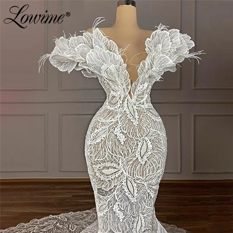 Luxury Mermaid Wedding Dresses Dubai Muslim Lace Feather Bridal Gowns Vestidos De Novia 2021 Couture Mermaid Wedding Gown Bride