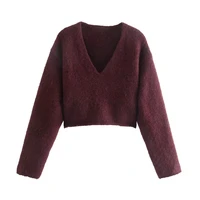 women fashion soft touch cropped knitted sweater vintage v neck long sleeve female pullovers chic tops