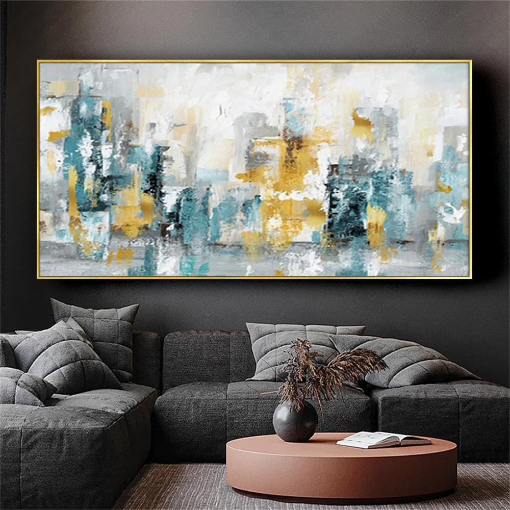 

Modern Living Room Decorative Articles 100% Handmade Oil Painting Canvas Picture Decor Home Abstract Gold And Blue Wall Art