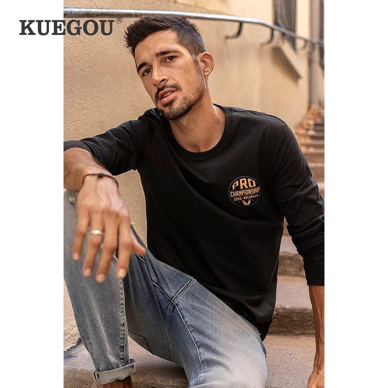 Мужская футболка с длинным рукавом KUEGOU черная хлопковая принтом осень 100% | одежда