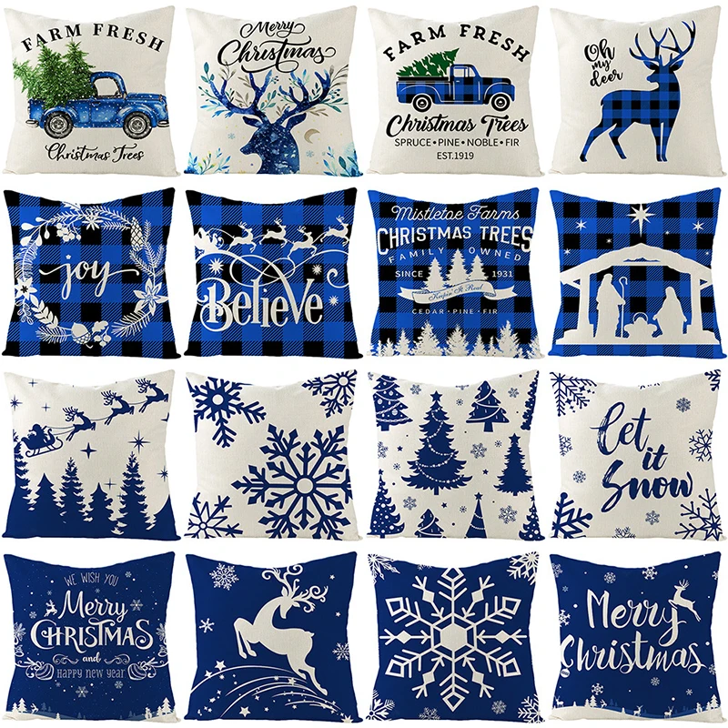 

Blue White Christmas Pillowcase Snowflake Elk Printing Pillow Merry Christmas Decors for Home Xmas Navidad Products Noel 2021New