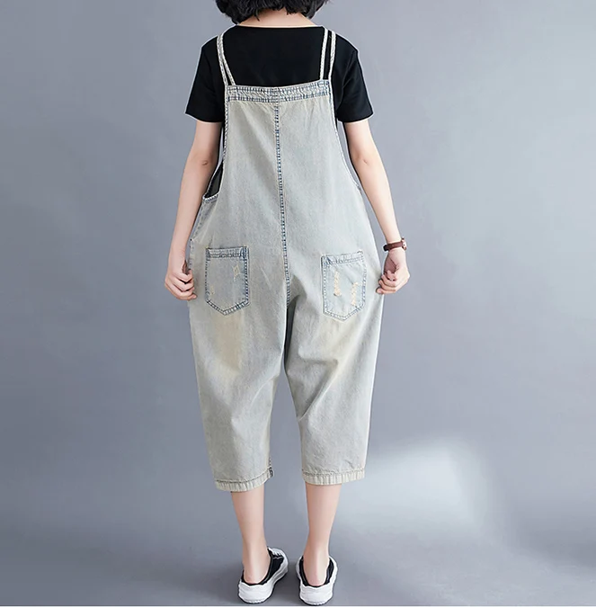 

Broken Hole Strap Jeans Womens Summer Korean Large size Loose Harem Pants Jumpsuit Female Cartoon Pictures Suspenders Jumpsuit