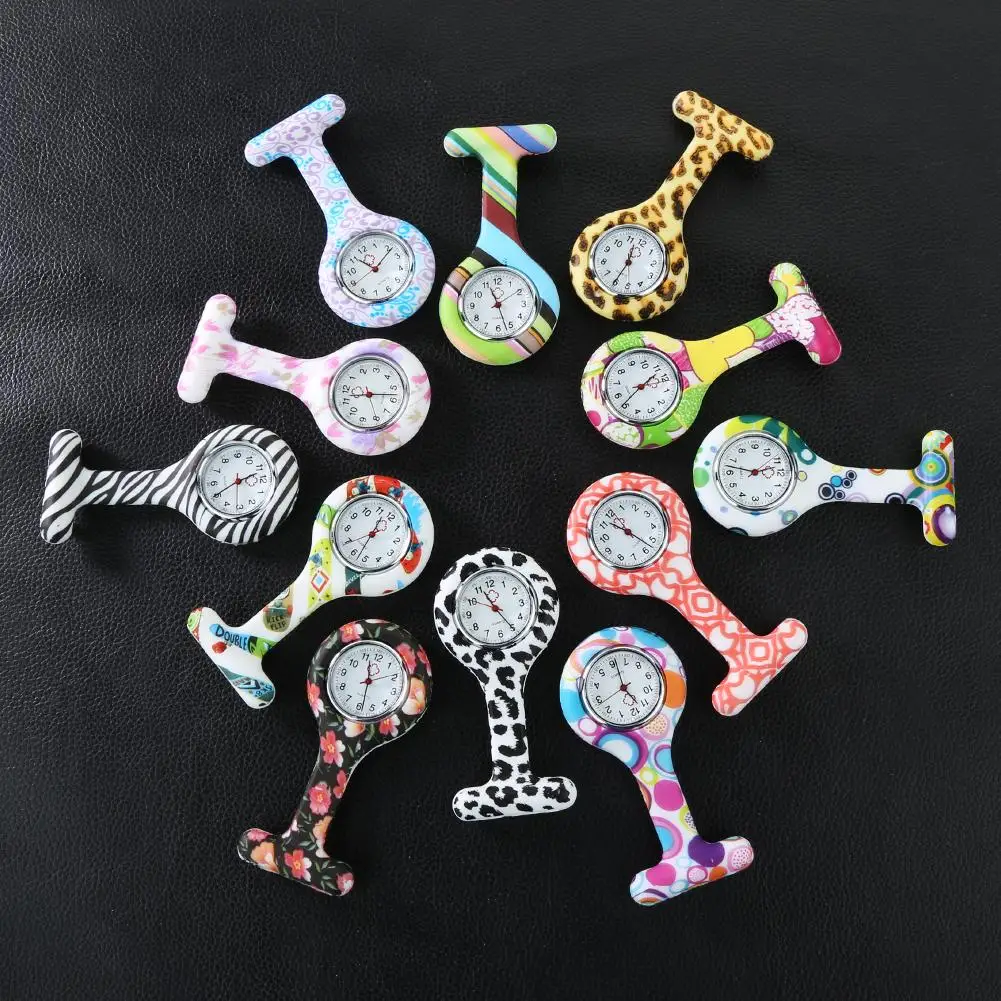 

Casual Silicone Nurse Watch Multicolor Pattern Arabic Numerals Round Dial Women Nurses Brooch Tunic Fob Watches Pocket Watches