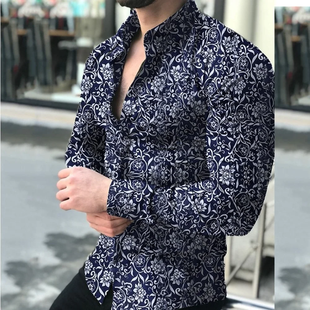 ZOGAA Spring new men's shirt muscle men's lapel cardigan flower shirt slim shirt trend