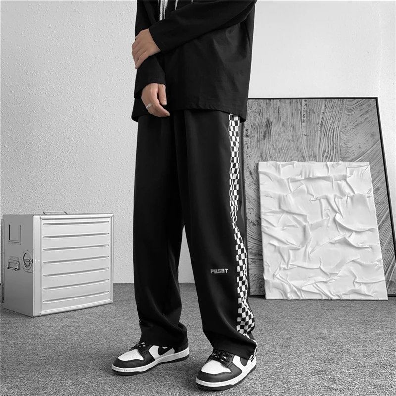 Checkered Patchwork Men Casual Pants High Street Harajuku Chic Designer Oversize Fashion Draped Jogger Workout Straight Trousers | Мужская