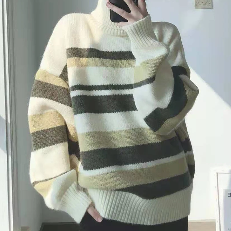 

Свитера женские теплые свитера в полоску с высоким воротником Пуловеры на осень и зиму корейские винтажные универсальные вязаные топы в по...