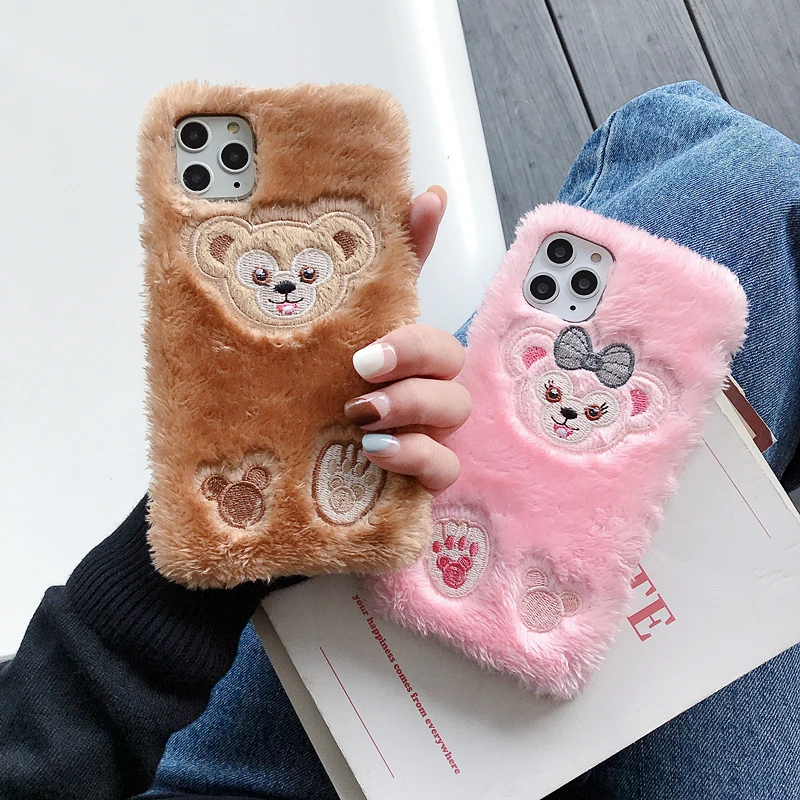 Cute 3D Cartoon Rabbit Monkey Fur plush warm phone Case For 7 8 Plus X XS 11 Pro MAX XR Protective Back Cover With Glass Film |