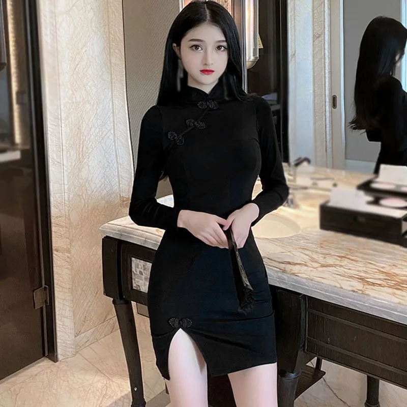 

Chinese Style Retro Red Cheongsam Dress Women Fashion Long Sleeve Slim Dress Female Sexy Dresses