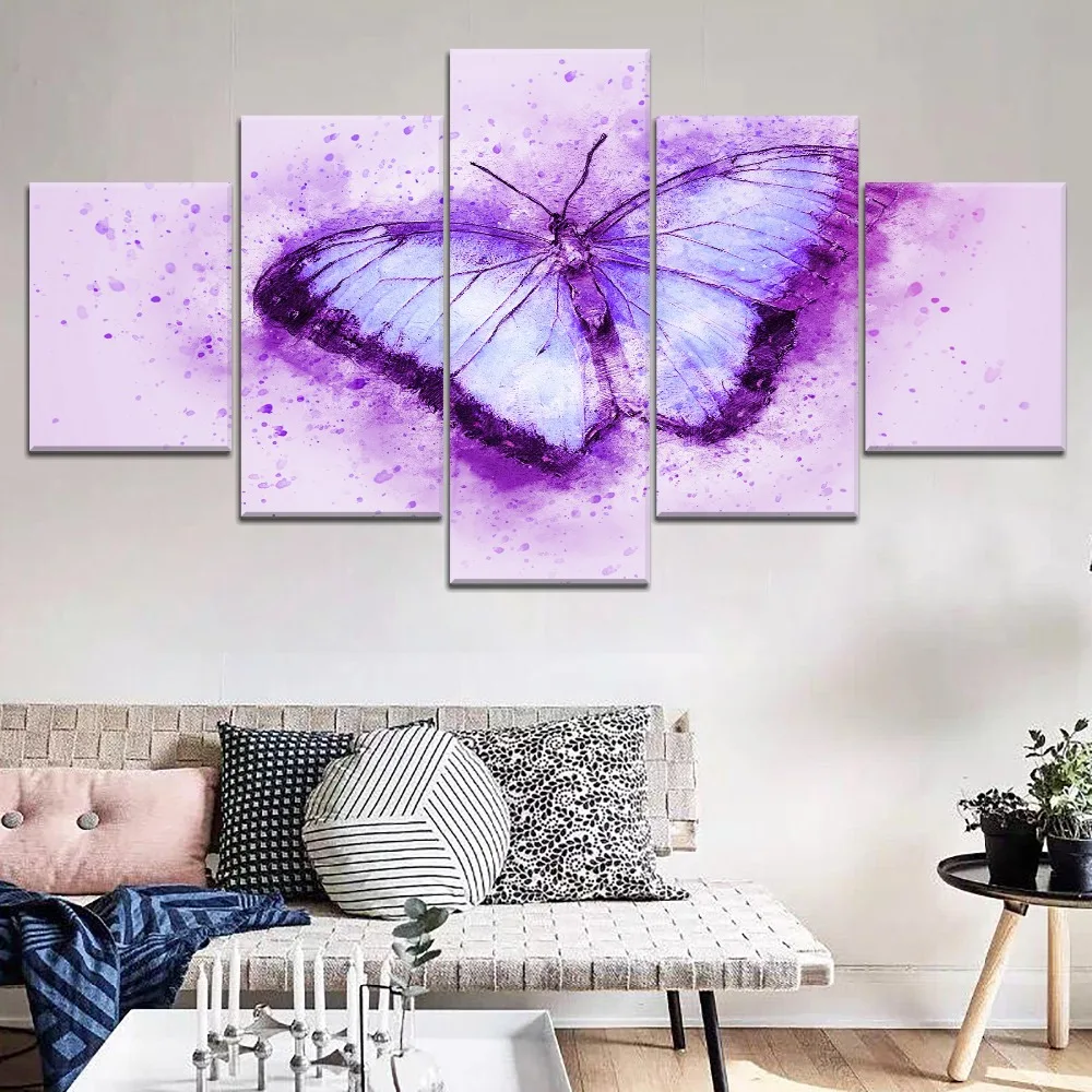 5 шт. HD печать рисунка с сиреневой бабочкой на крышке Куадрос Картины Модульная