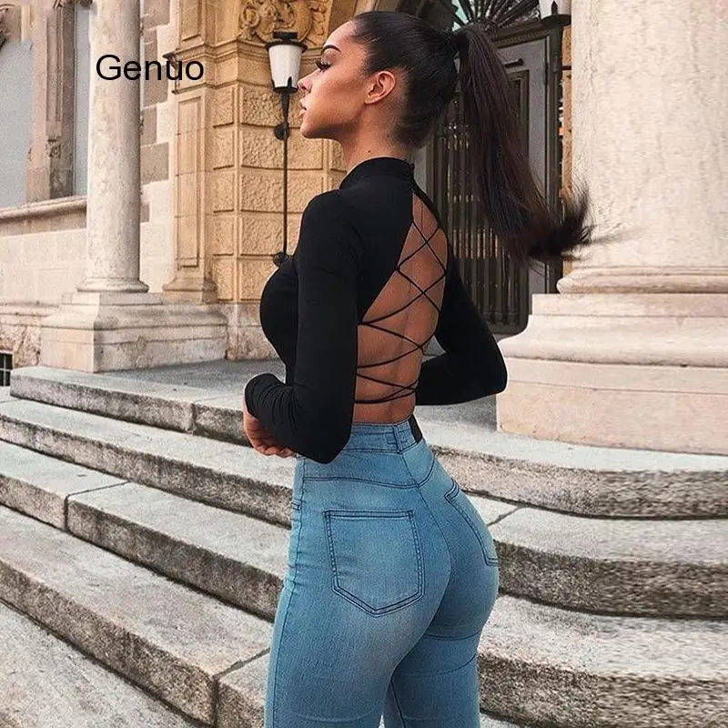 

Womon cotton hollow out sexy tshirt bandage backless long sleeve tops Harajuku slim bodycon streetwear knitted tees