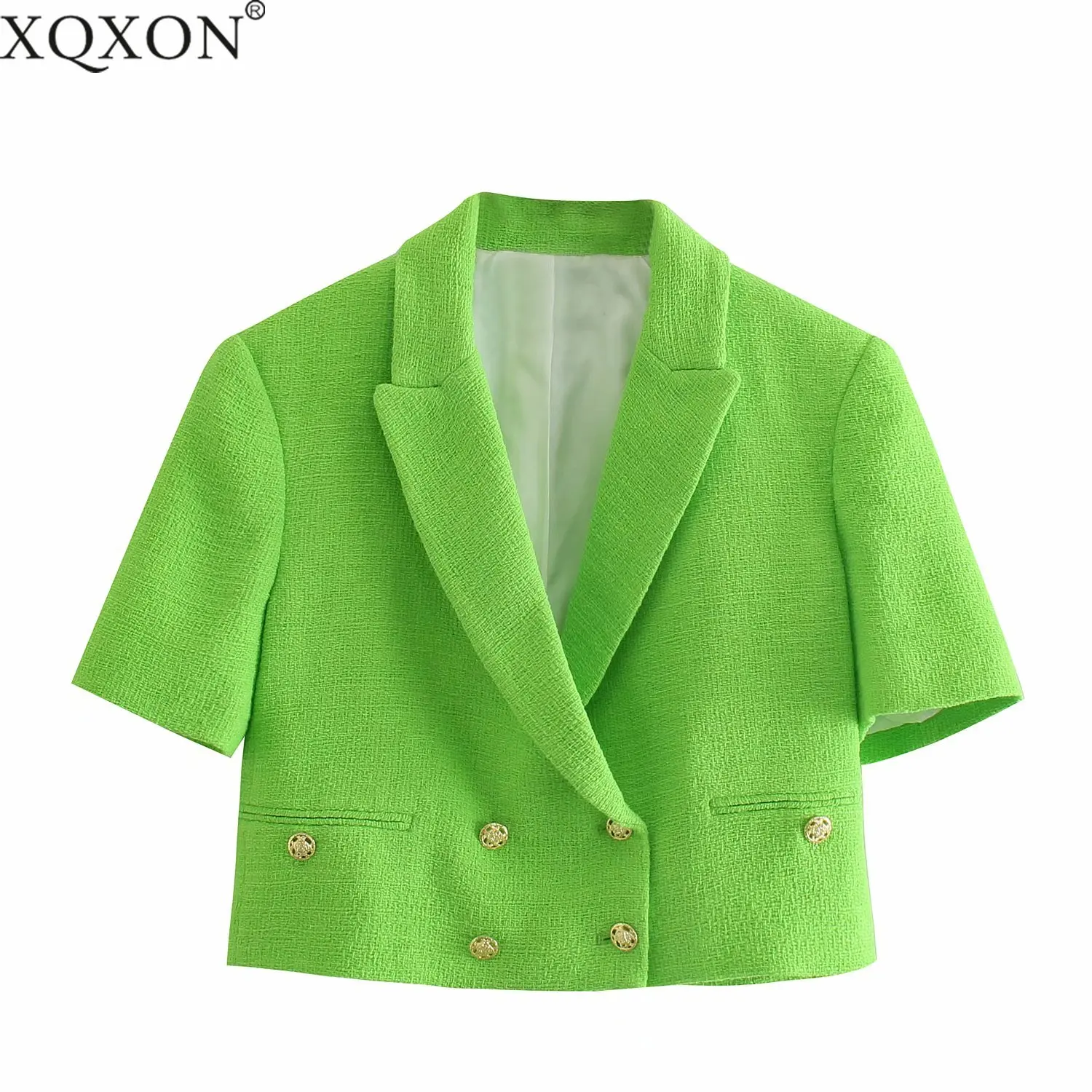 

Женский твидовый двубортный пиджак, короткий зеленый пиджак с английским воротником, винтажная верхняя одежда, 2021