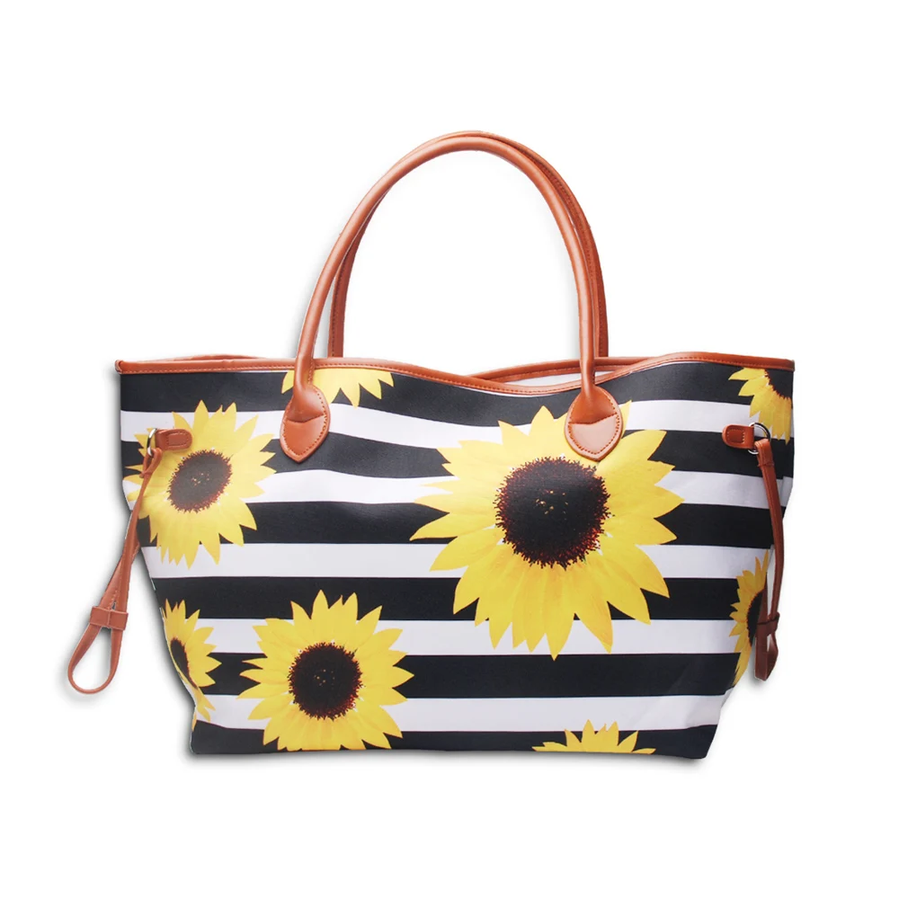 

5pcs Lot Women Stripes Sunflowers Handbag Canvas Sunflower Tote Endless String Travel Bag Large Capacity Purse DOMIL1616