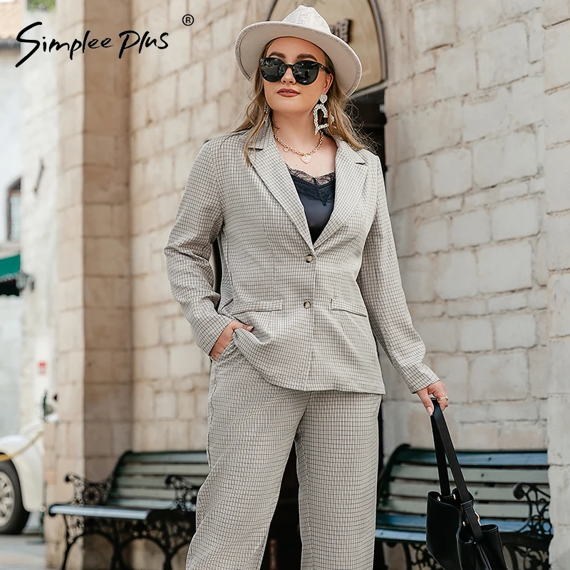 

Simplee Plus Women blazer suits large size 4XL Elegant plus size two piece sets office lady Oversize tracksuit 2021 Autumn new