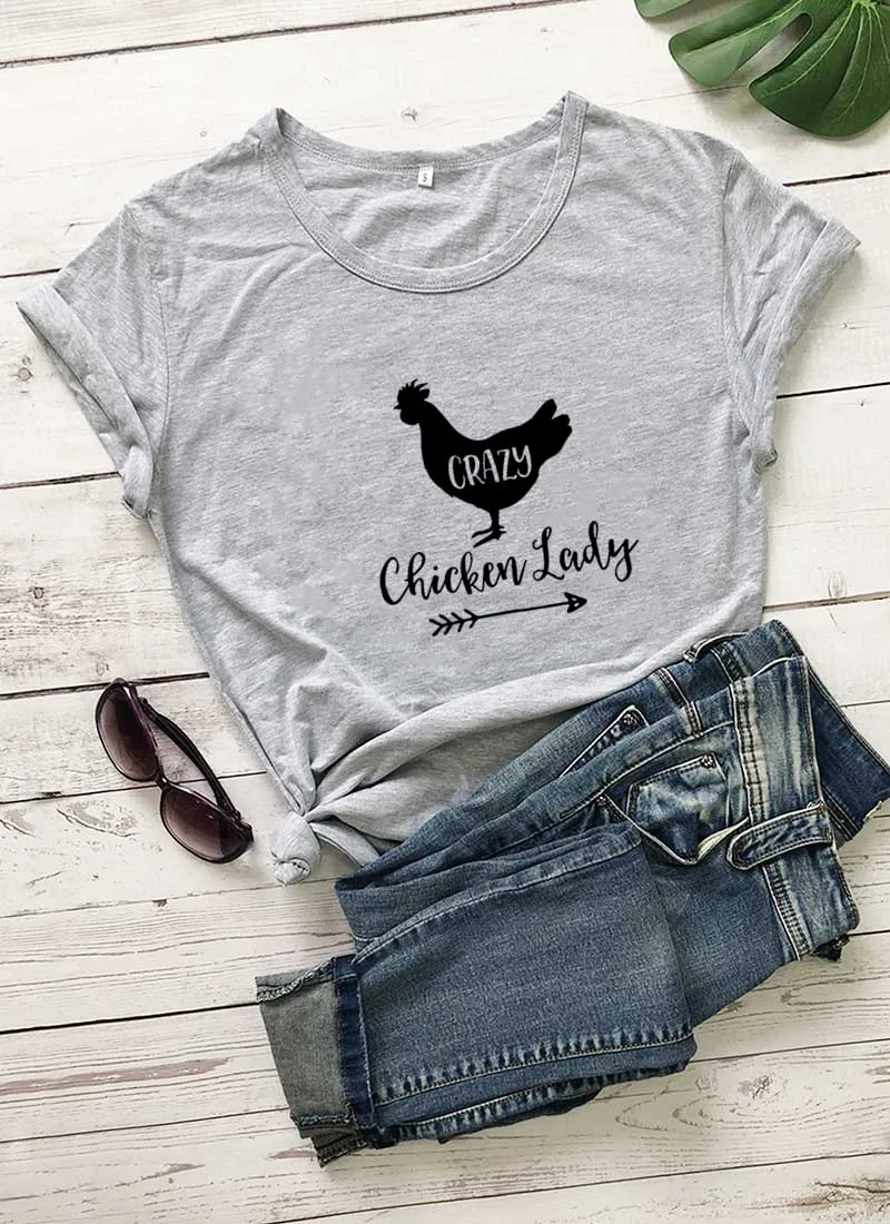 Crazy Chicken Lady/Новое поступление, женская летняя забавная Повседневная футболка из хлопка с принтом фермера, подарок на день матери, деревенская рубашка - Цвет: gray-black text