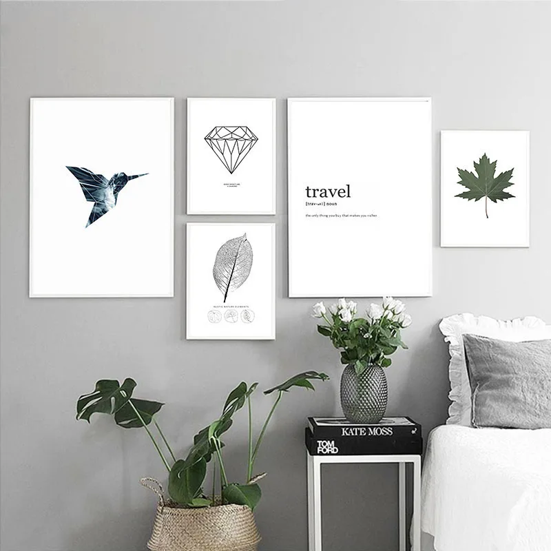 Постер Nordic Style Minimalist Art Canvas Painting Bird Leaf Black and White Print Wall Decoration for Living Room.