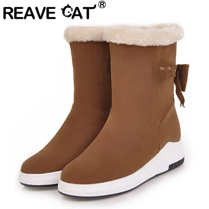 

Женские зимние сапоги до середины икры REAVE CAT, полусапожки из ТПЭ на плоской подошве без застежек и бантиков, женские зимние сапоги черного, б...