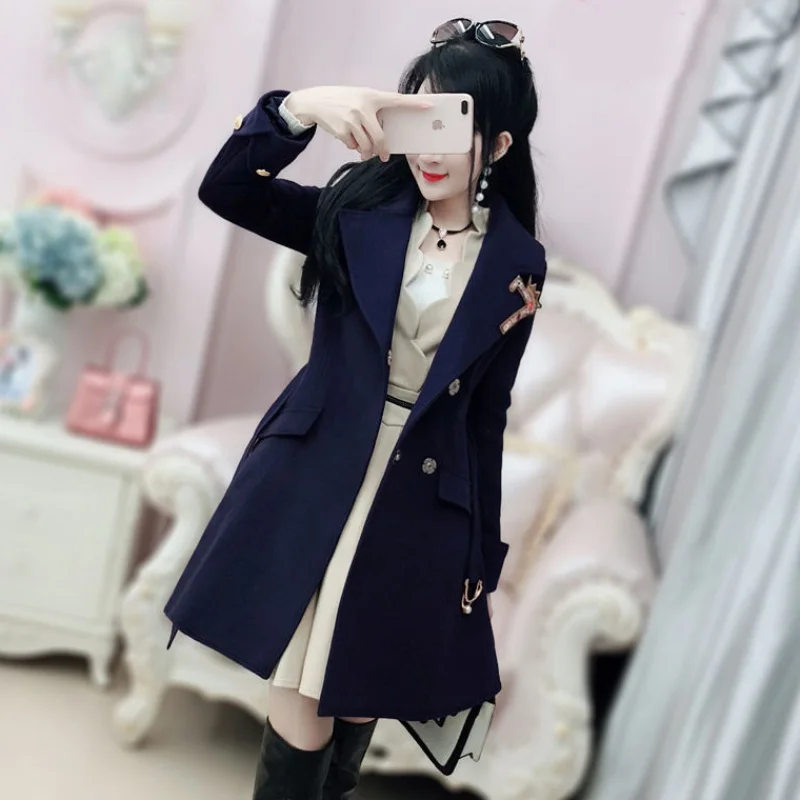 2021 New Spring And Autumn Women Coat Dark blue embroidered long-sleeved woolen coat female slim winter | Женская одежда