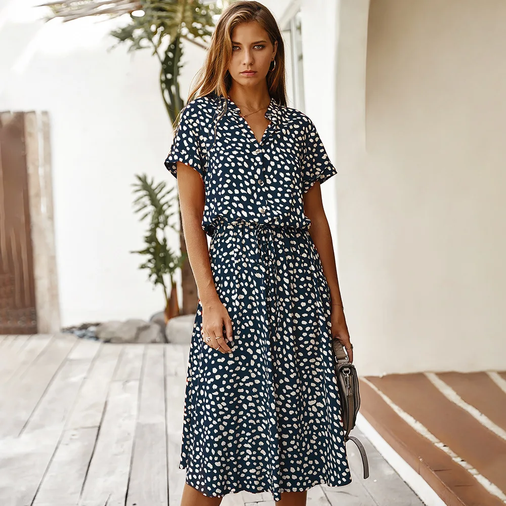 

2022 Ladies Boho Leopard Print Shirt Dress Women Casual Midi Holiday Summer Dress Female High Waist Beach Dresses Woman Dress