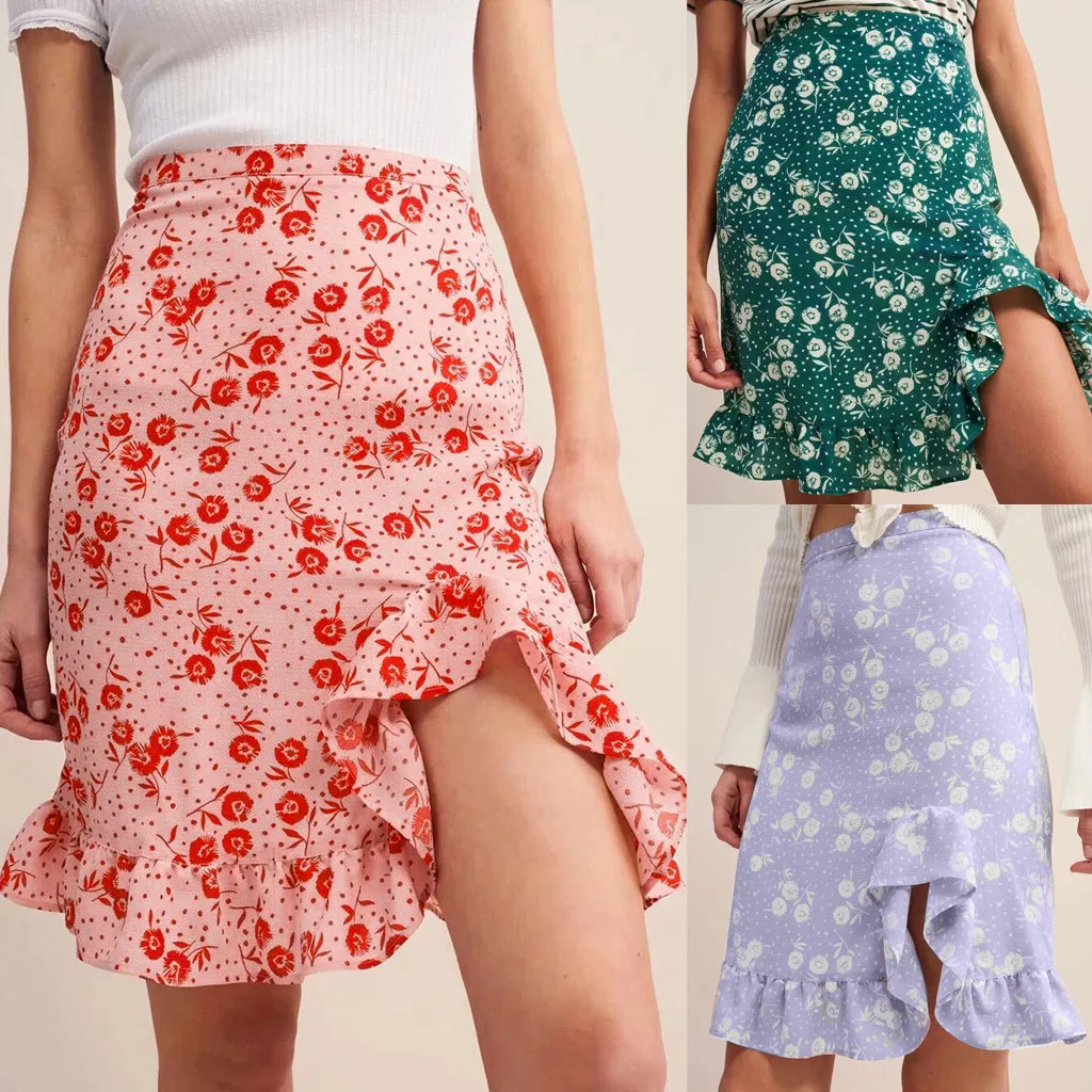 

Summer fashion women casual floral print irregular hem ruffled beach mini skirt sexy high waist girl short skirt