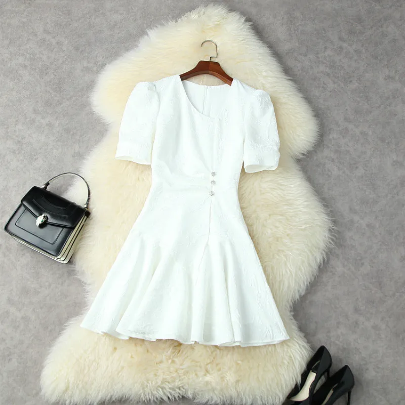 

Mini White Dress Woman Summer 2021 New Oblique V-Neck Short Sleeved Solid Color Slim Ruffled Jacquard Dresses Above The Knees