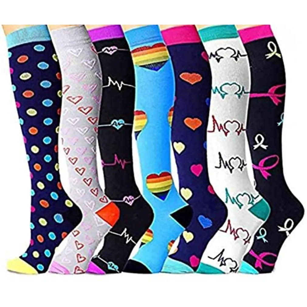 

7 Pairs Leg Support Stretch Compression Stockings Outdoor Sport Compression Socks Fruits Pattern Below Knee Socks Long Socks