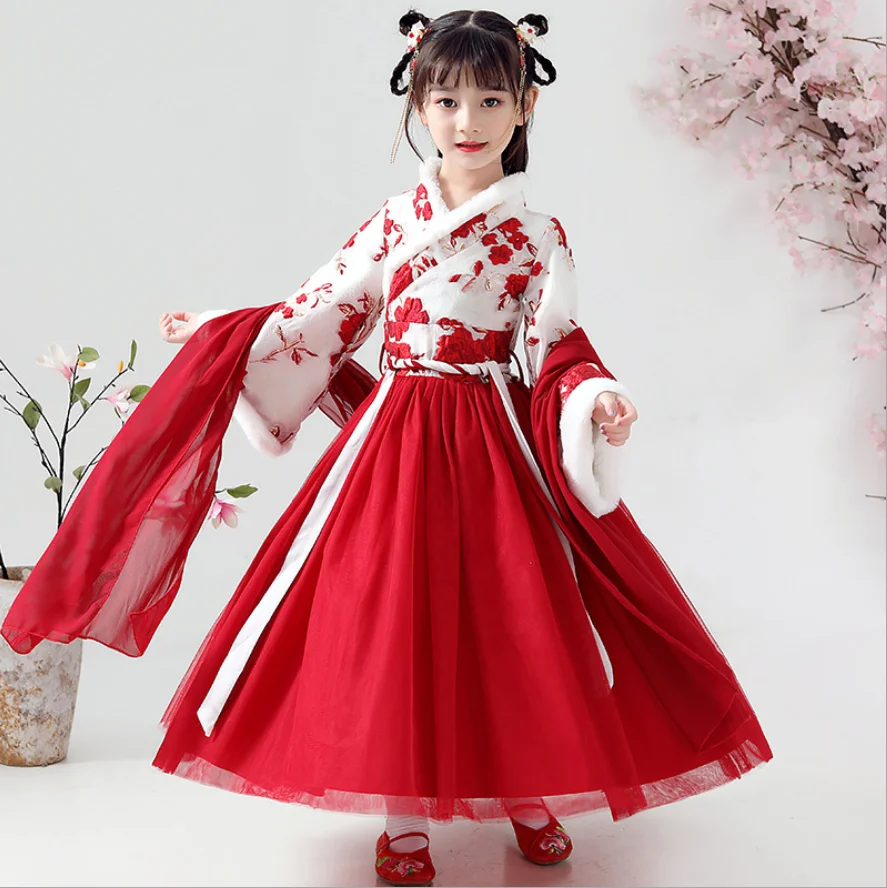 

Girls Chinese Dress Princess Skirt Red Style Autumn And Winter Thickening Improved Cheongsam Tang Suit New Year's Clothing