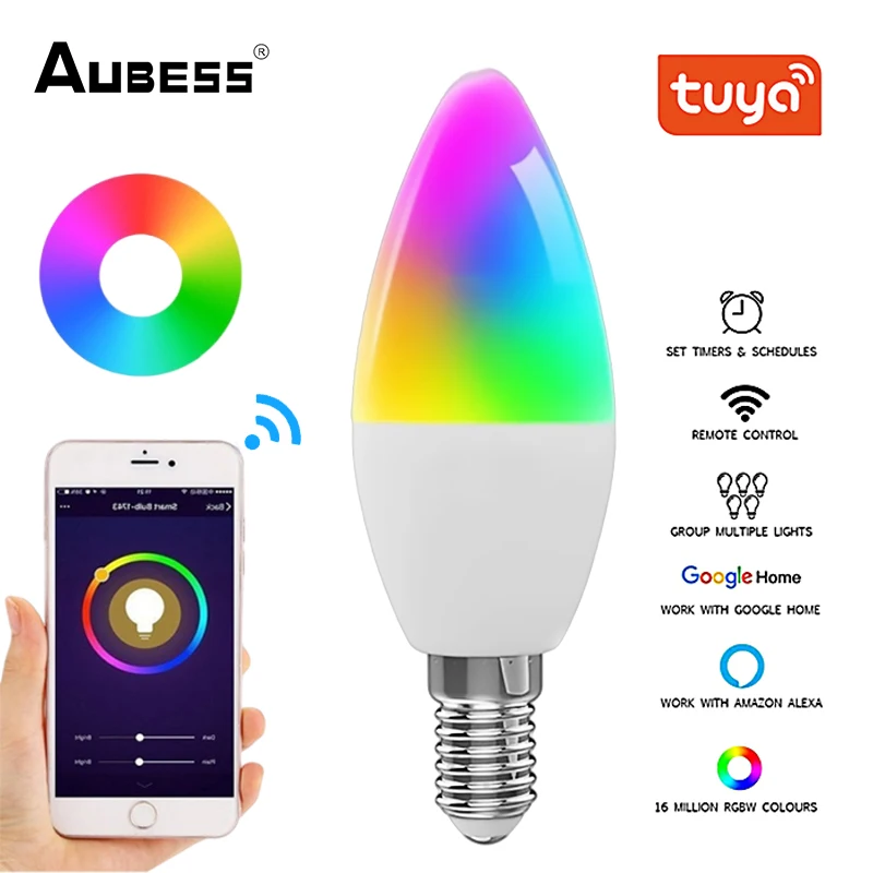 

Aubess Tuya WiFi Smart Bulb E14 Light Smart Life Remote Control Compatible With Alexa RGB + W + C LED Candle Lighting Bulbs