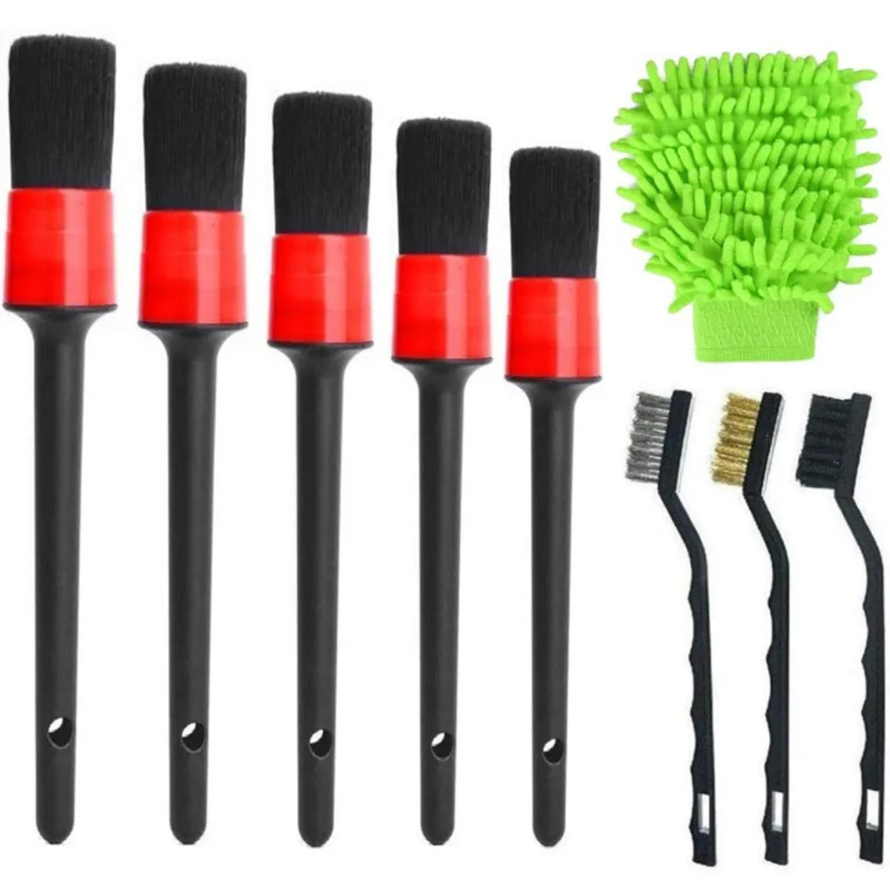 

9 Pieces Car Detailing Brush Set for Cleaning Wheels Interior Exterior Leather Automotive Detail Brush Wire Brush Car Wash Mitt