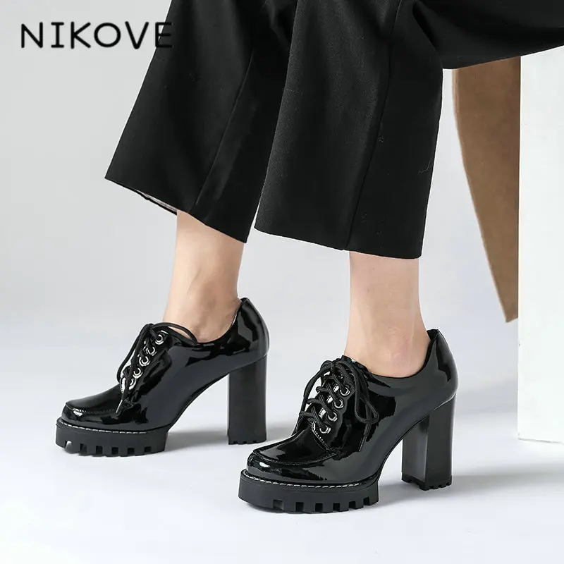 

NIKOVE 2021 Spring Autumn Round Toe Buckle Women Pumps Shoes Cow Patent Leather Square Heel Fashion Ladies Shoes Size 34-39