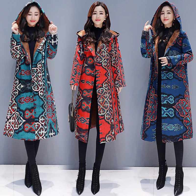 

Женская бархатная однобортная теплая одежда из хлопка и льна, с капюшоном и цветочным принтом, зима 2020