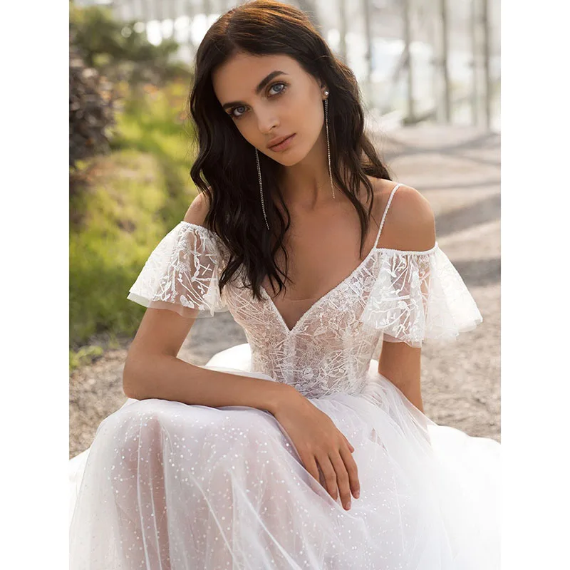 

Spring 2021 New Large Size Wedding Gauze Dress Slim and Slim Shoulders, Fat, Lace Flower One-word Shoulder Dress for Women