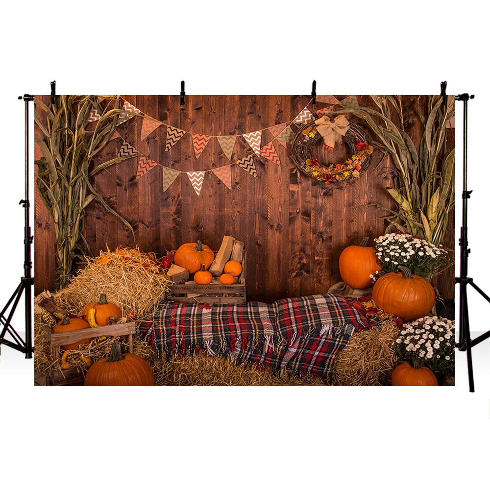 

Mehofond Autumn Backdrop Fall Rural Brown Wood Wall Haystack Pumpkin Baby Portrait Photography Background for Photophone Studio
