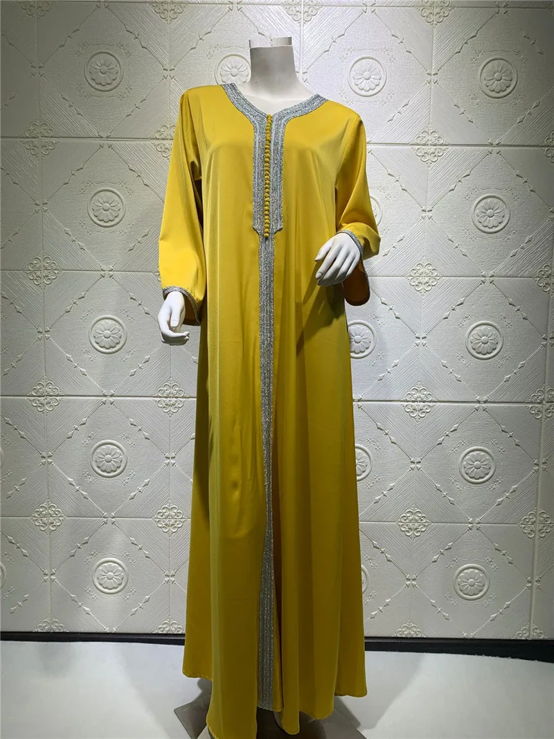 

Arabic Dresses for Women Fall Golden Ribbon Patchwork V Neck Long Sleeve Maxi Dress Muslim Turkish Clothing