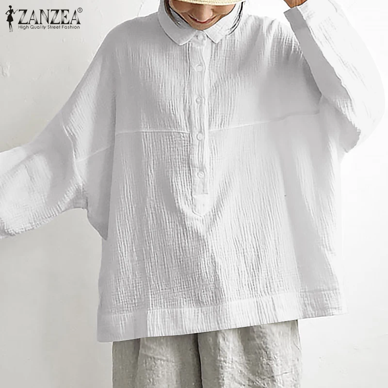 

Свободная Женская блузка ZANZEA рубашки 2022 из хлопка и льна на весну, топ с длинными рукавами, блузы, на каждый день, сплошной свободного кроя на...