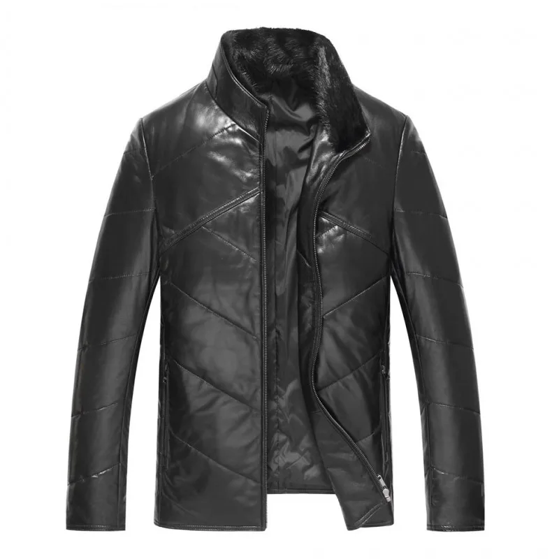 

Down Brand Sheepskin Coat Men Slim Short Genuine Leather Jacket Stand Collar Winter Fleece Warm Casual Outerwear Plus Size 4XL