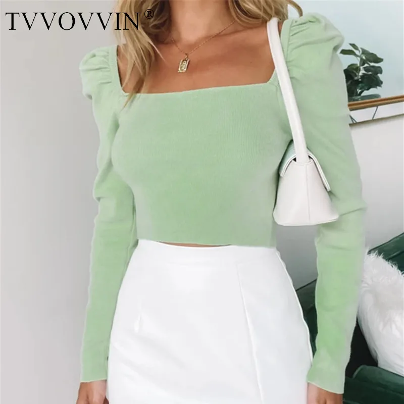 

TVVOVVIN Women Square Neck Crop Knitted Jumper With Puff Shoulder Detail Long Sleeve Square Neck Crop Knit Top K4YC