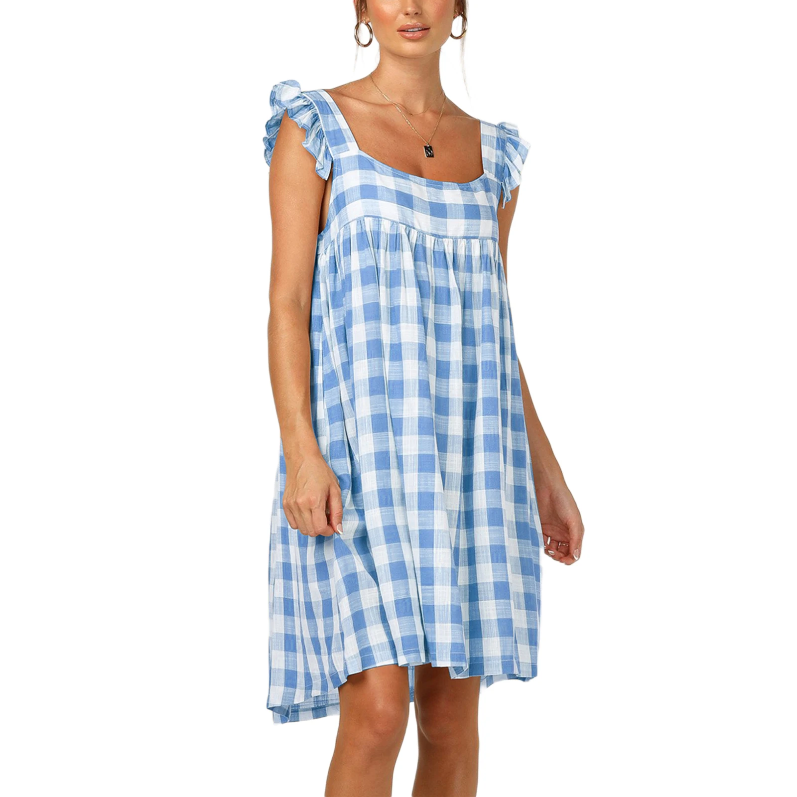 

Women Summer Loose Plaid Dress Casual Fly Sleeve Square Collar Dresses Holiday Retro Dress Vestidos 2021 New