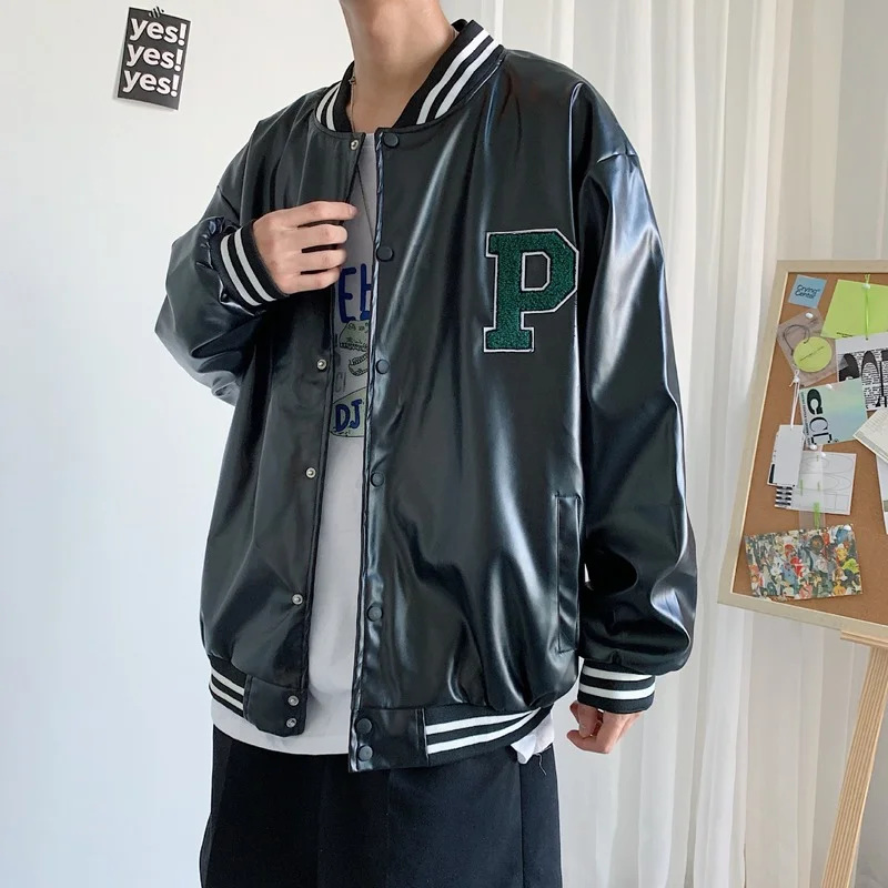 

Korean Handsome Baseball Jacket Men Black Leather Men Loose PU Leather Jacket Autumn Stand Jacket Couple Winter Outdoor Clothing