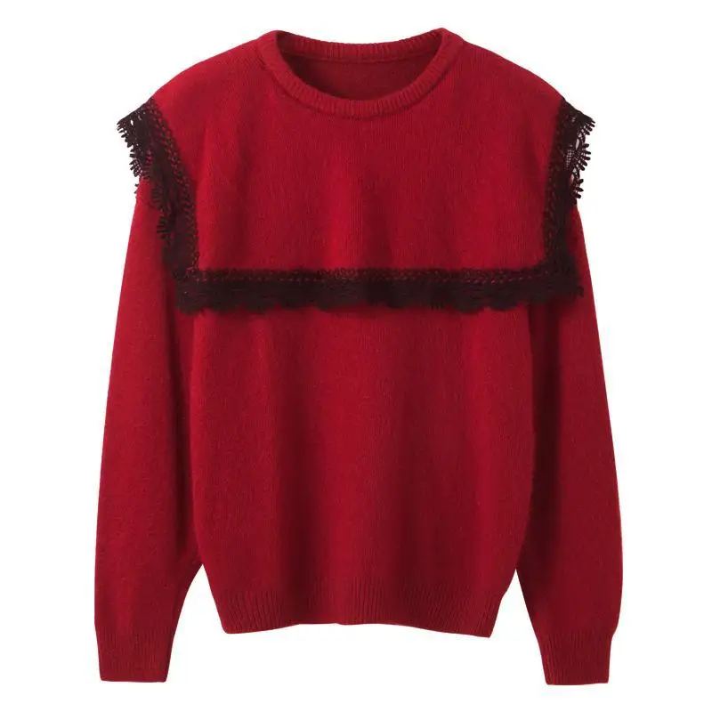 

2021 Spring And Autumn New Loose Korean Sweet Age-reducing Sweater Women Fashion Wild Lace Stitching Sweater