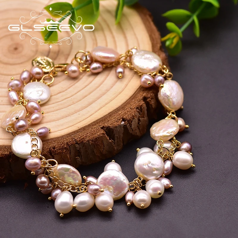

GLSEEVO Real Fresh Water Baroque Pearl Charm Baralets For Women Wedding Girls Vintage Jewelry Original Design Bransoletka GB0196
