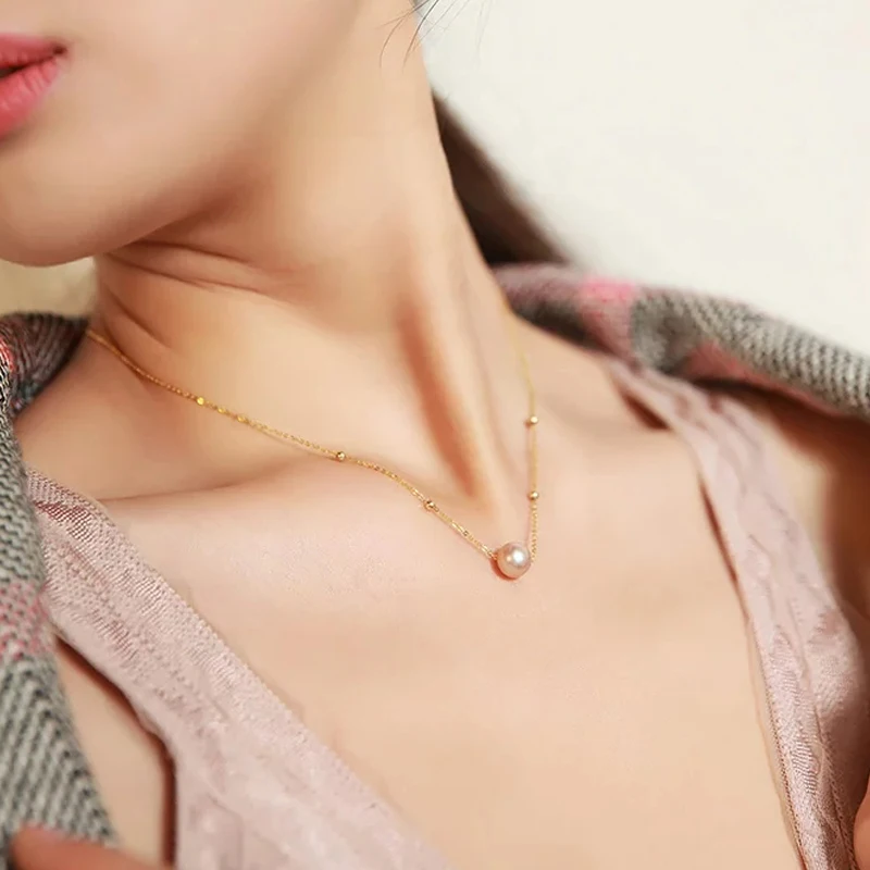 

XF800 Real 18K Gold Freshwater Pearl Pendant Necklace 8-8.5mm Round Pearl Pure AU750 Chain For Women Fine Jewelry 2020 D501