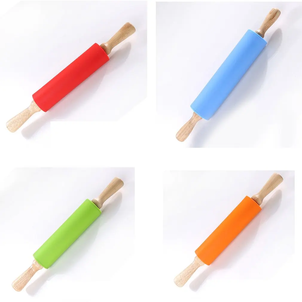 

Food Grade Silicone Rolling Pin Wooden Handle Roller Rotating Non-Stick Dumplings Pressing Stick Walking Hammer Kitchen Bakeware