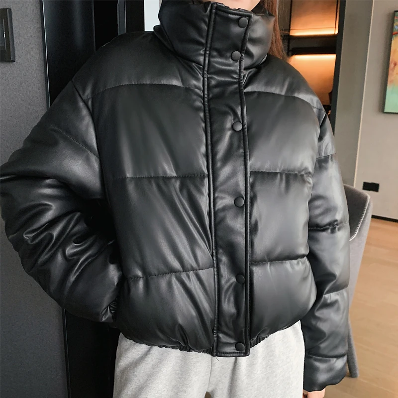 

Winter New Thick And Warm Short Parka Coat Women Fashion Black PU Leather Coat Women Elegant Zipper Cotton Jacket Women Ladies