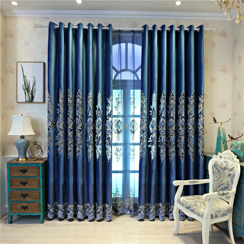 Высококачественные синие вышитые занавески для гостиной в европейском стиле