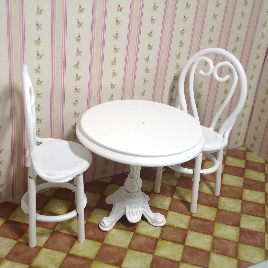 

3PCS 1/12 Metal Coffee/Tea Table & Chairs Miniatures for 1:12 Scale Dollhouse Furniture Decorations Accessories, White